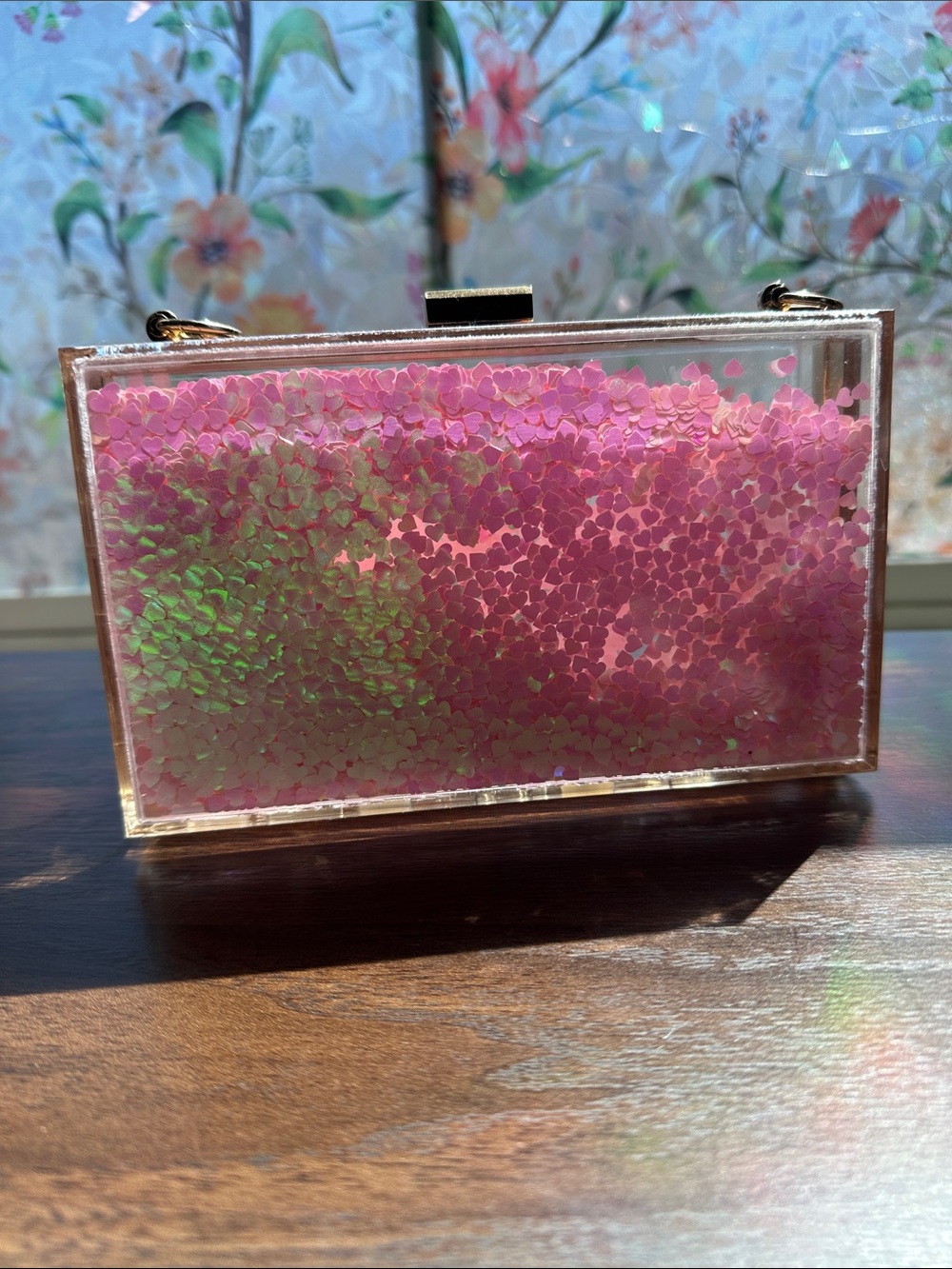Floating Heart Acrylic Clutch Pink Iridescent Box Bag Gold Chain